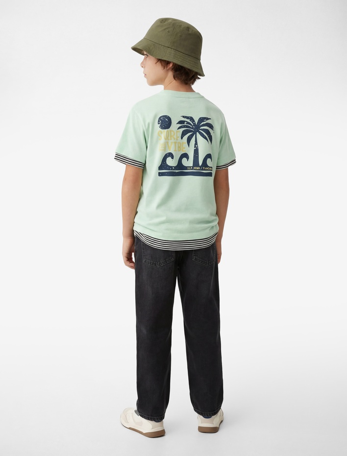 Erkek Çocuk Palmiyeli Baskılı Kısa Kollu Bisiklet Yaka Pamuklu Tişört