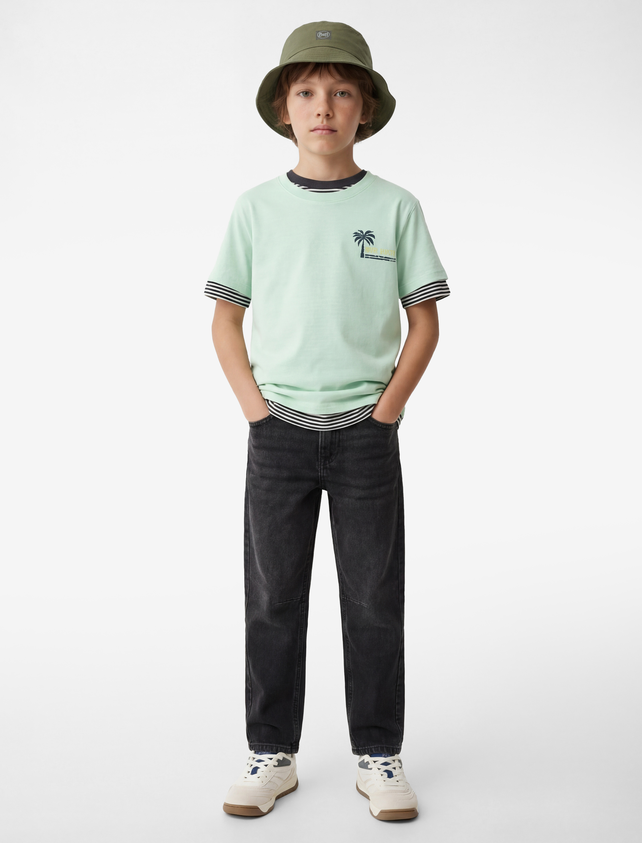  Erkek Çocuk Palmiyeli Baskılı Kısa Kollu Bisiklet Yaka Pamuklu Tişört