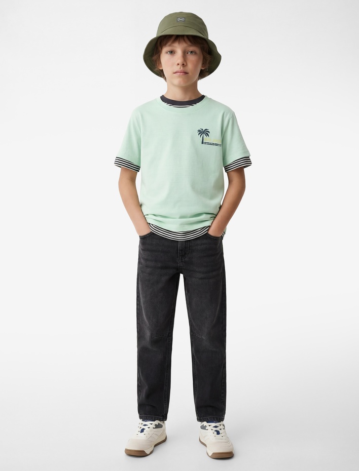 Erkek Çocuk Palmiyeli Baskılı Kısa Kollu Bisiklet Yaka Pamuklu Tişört