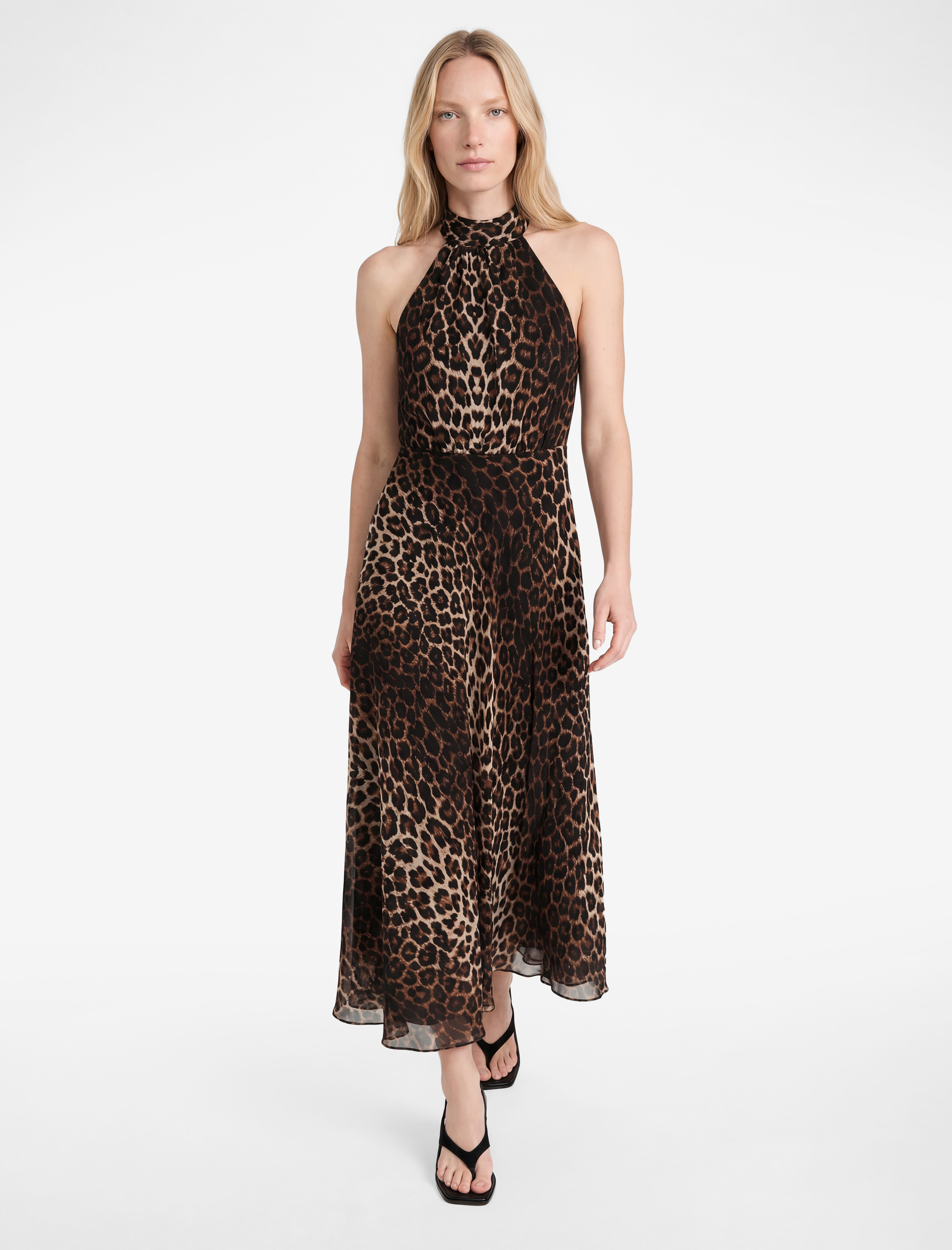   Halter Yaka Pileli Kolsuz Volanlı Midi Leopar Elbise