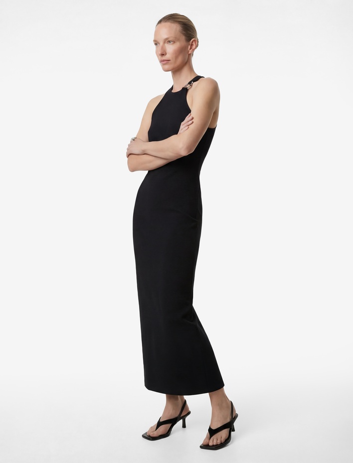  Halter Yaka Metal Aksesuarlı A Kesim Kolsuz Uzun Elbise