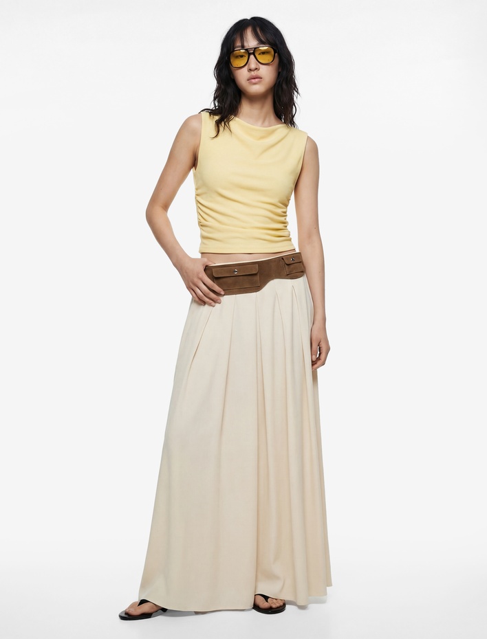  Asimetrik Yaka Slim Fit Kolsuz Drapeli Bluz