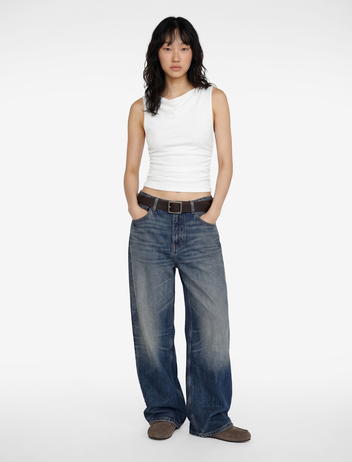  Asimetrik Yaka Slim Fit Kolsuz Drapeli Bluz