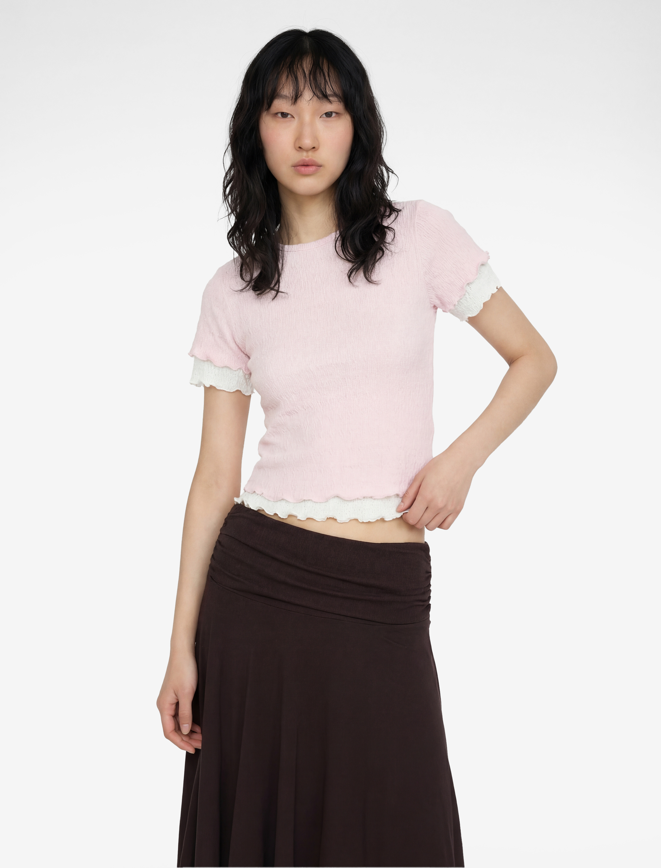   Slim Fit Kısa Kollu Dokulu Bisiklet Yaka Crop Tişört