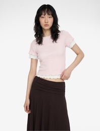 Slim Fit Kısa Kollu Dokulu Bisiklet Yaka Crop Tişört