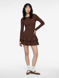 Slim Fit Uzun Kollu Bisiklet Yaka Katlı Volanlı Mini Elbise