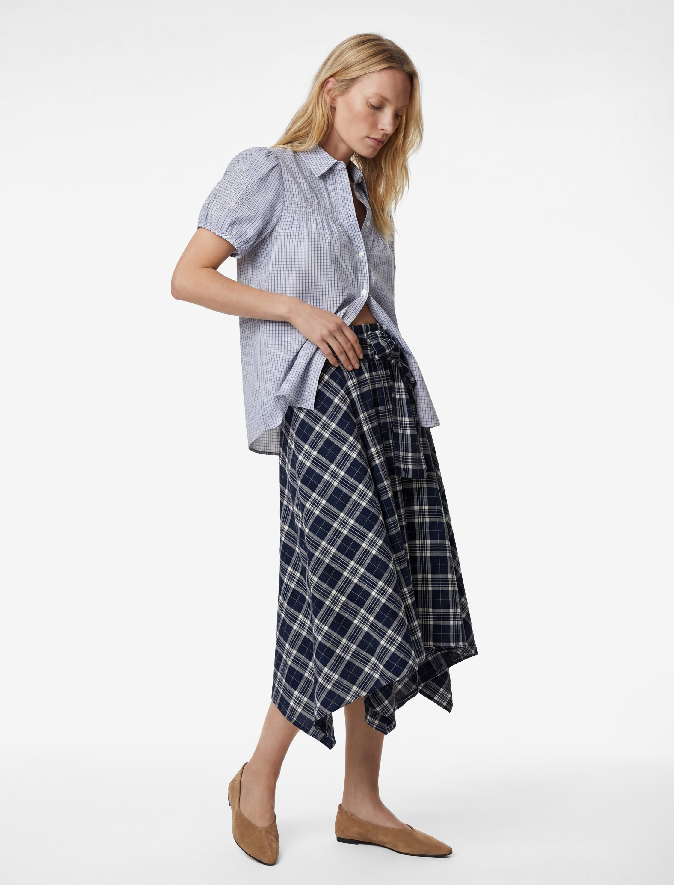   Asimetrik Beli Bağcıklı Fırfırlı Ekose Midi Etek