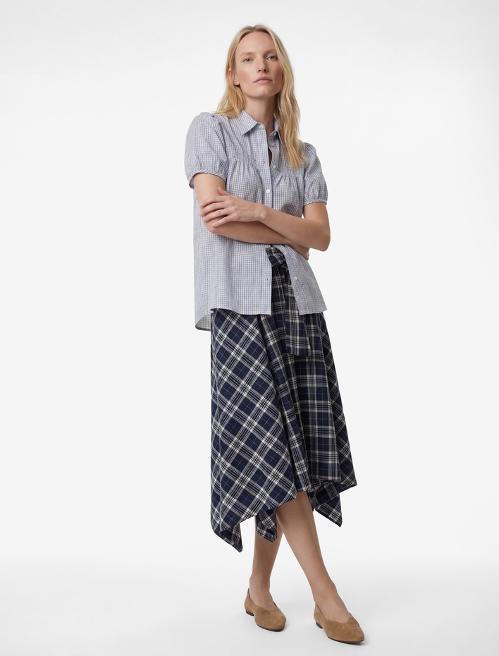  Asimetrik Beli Bağcıklı Fırfırlı Ekose Midi Etek