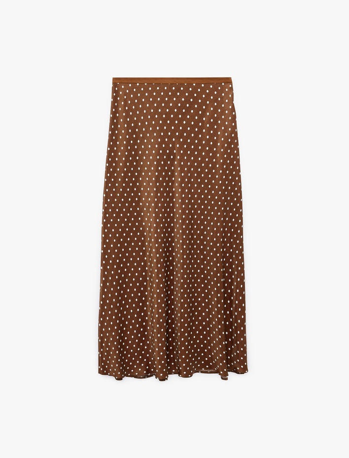 Slim Fit Puantiyeli Saten Midi Etek