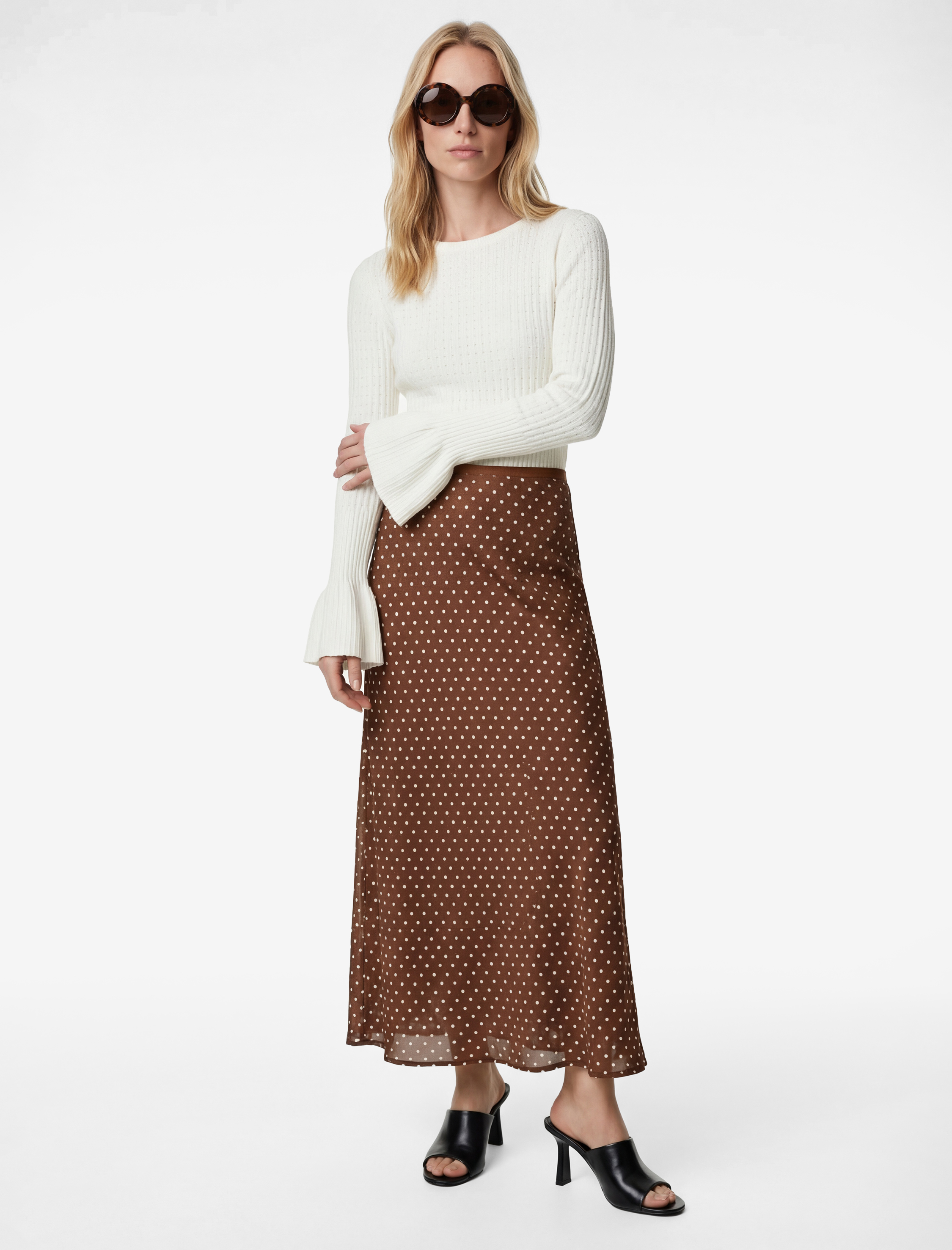   Slim Fit Puantiyeli Saten Midi Etek