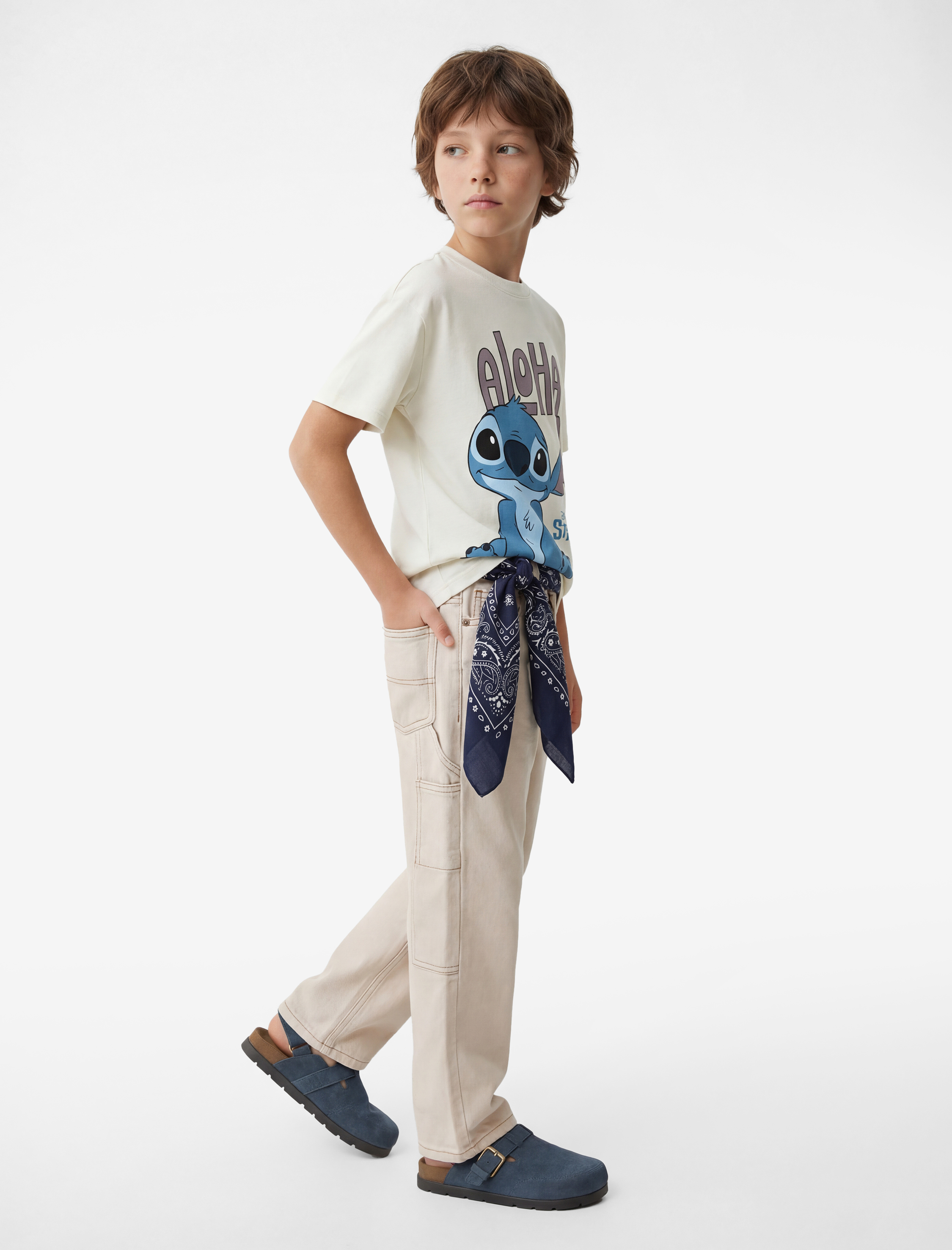  Erkek Çocuk Stitch Baskılı Kısa Kollu Bisiklet Yaka Pamuklu Oversize Lisanslı Tişört