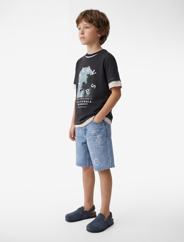 Erkek Çocuk Bisiklet Yaka Kısa Kollu Pamuklu Baskılı Tişört