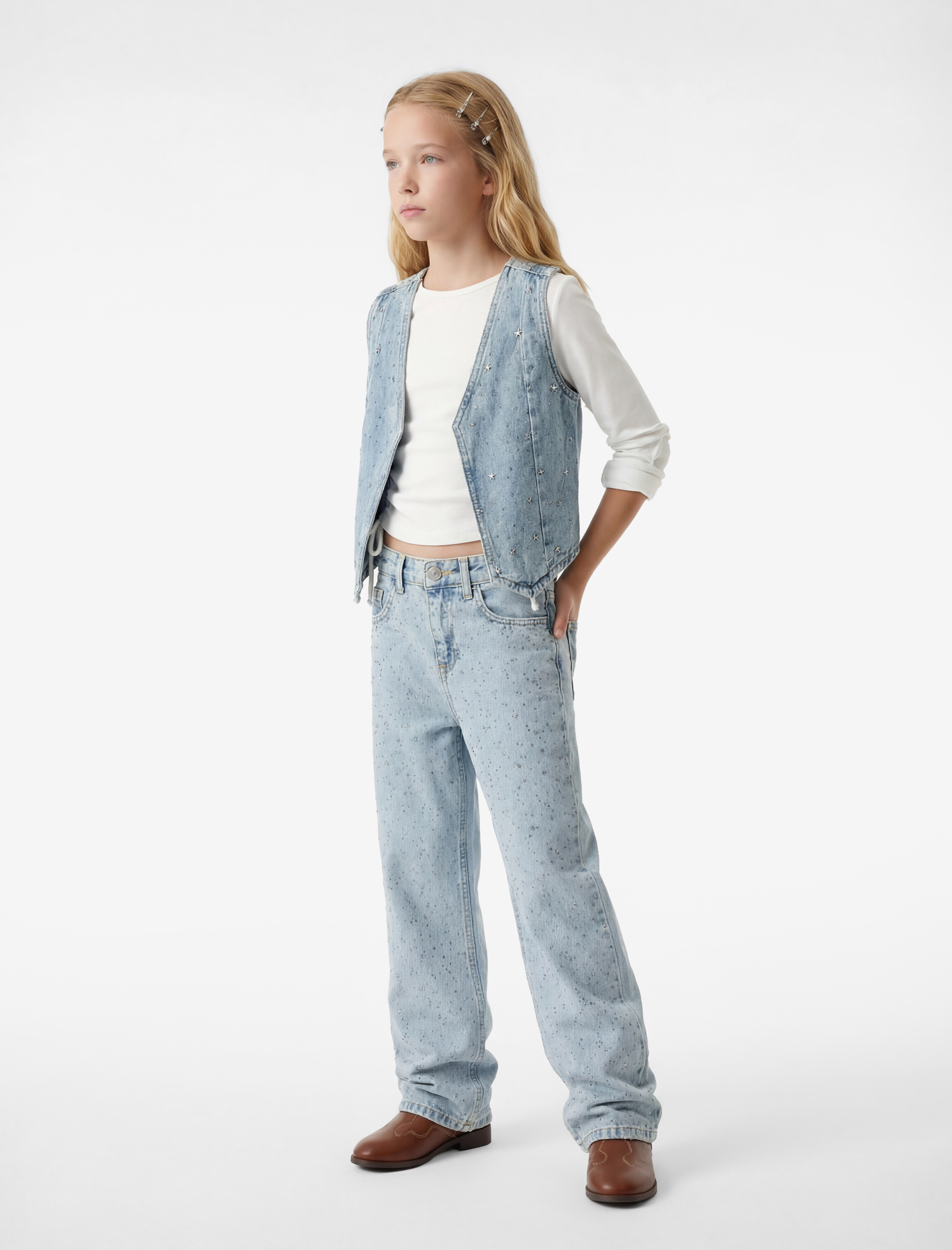  Kız Çocuk Pamuklu Zımba Detaylı Loose Fit Geniş Paça Denim Pantolon