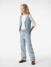 Pamuklu Zımba Detaylı Loose Fit Geniş Paça Denim Pantolon