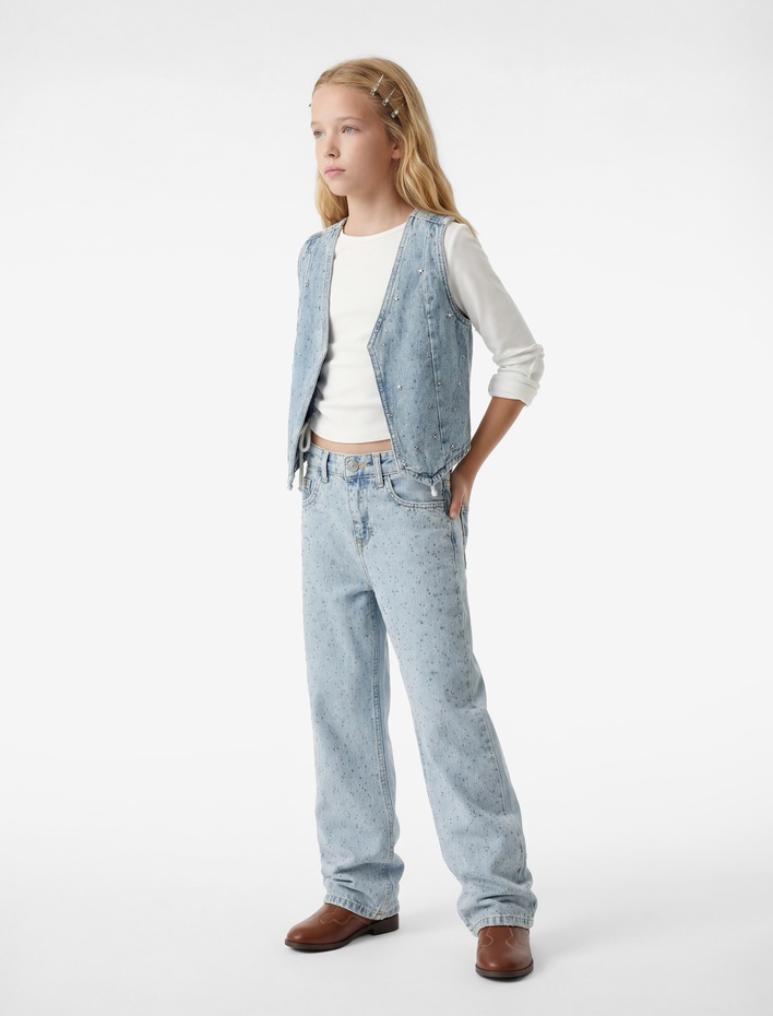 Kız Çocuk Pamuklu Zımba Detaylı Loose Fit Geniş Paça Denim Pantolon