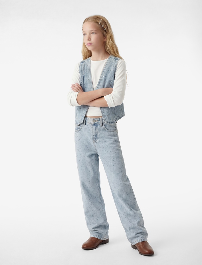 Kız Çocuk Pamuklu Zımba Detaylı Loose Fit Geniş Paça Denim Pantolon