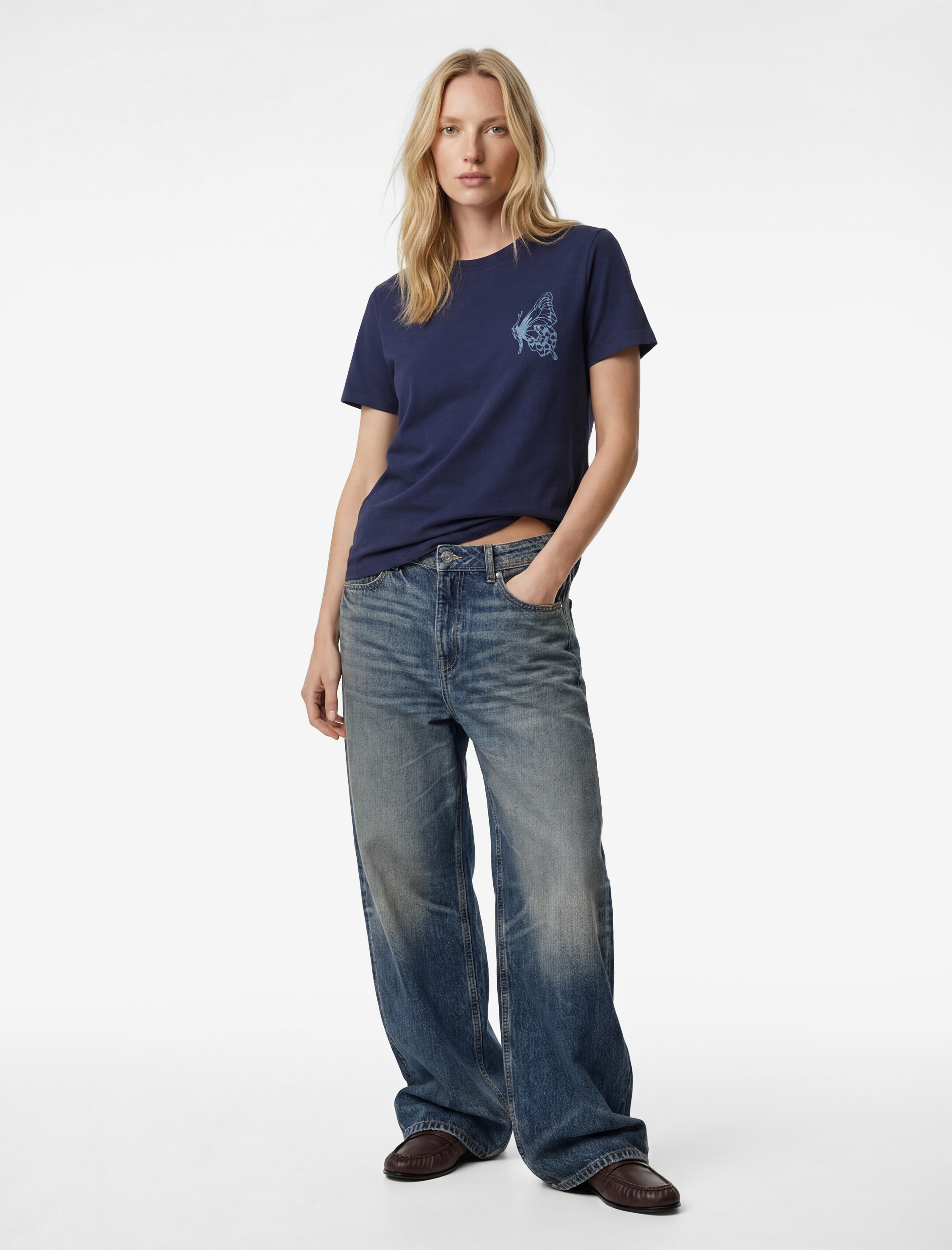   Pamuklu Bisiklet Yaka Kısa Kollu Bisiklet Yaka Kelebek Baskılı Tişört