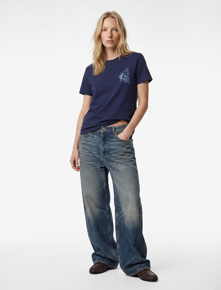  Pamuklu Bisiklet Yaka Kısa Kollu Bisiklet Yaka Kelebek Baskılı Tişört