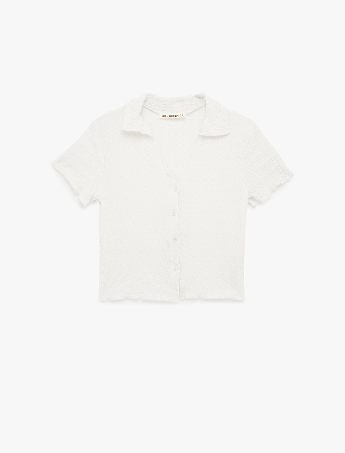  Düğmeli Klasik Yaka Kısa Kollu Bürümcük Bluz