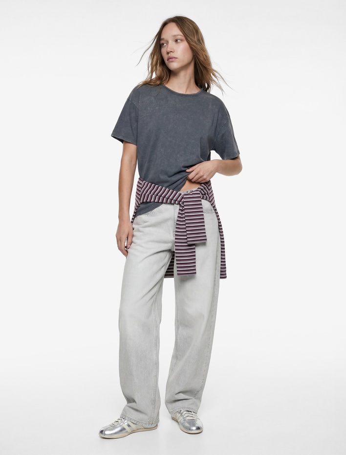  Pamuklu Kısa Kollu Bisiklet Yaka Yıkamalı Oversize Tişört