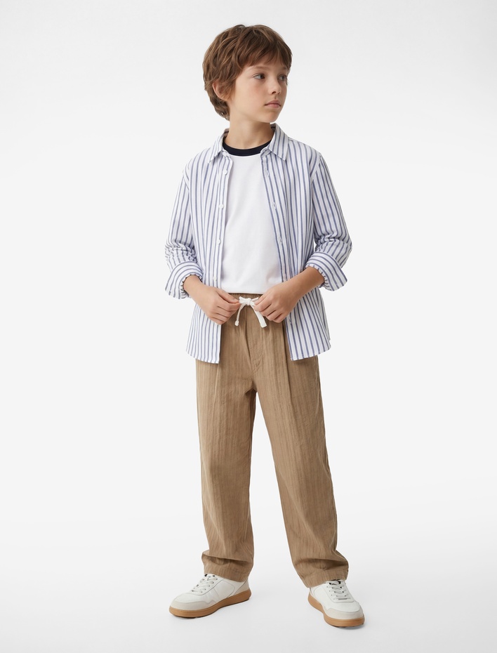Erkek Çocuk Pamuklu Düğmeli Uzun Kollu Klasik Yaka Çizgili Gömlek