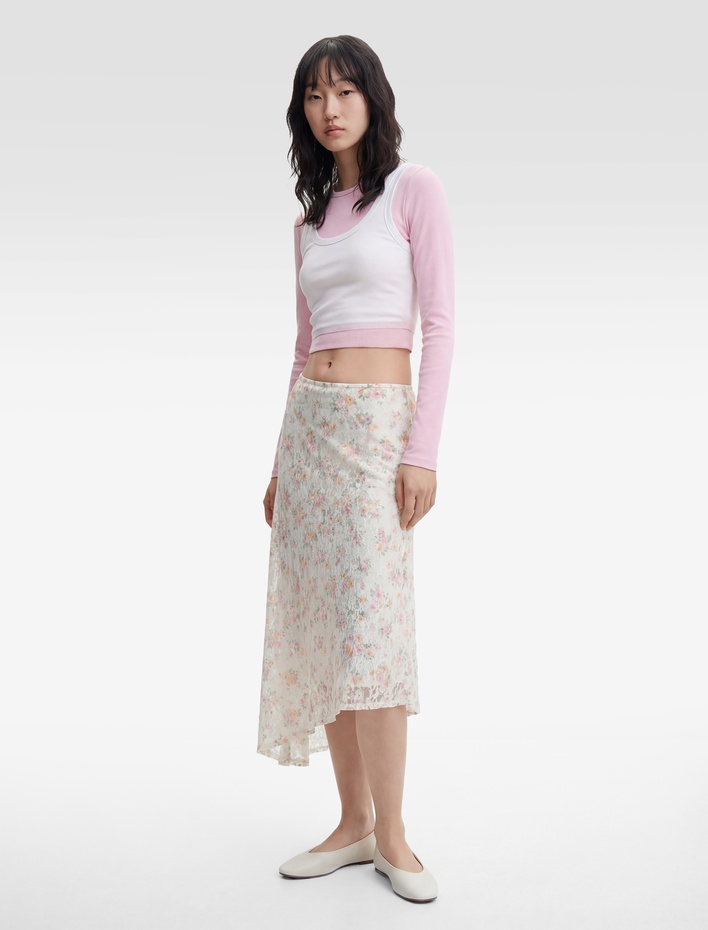  Asimetrik Kesim Çiçekli Uzun Dantel Etek