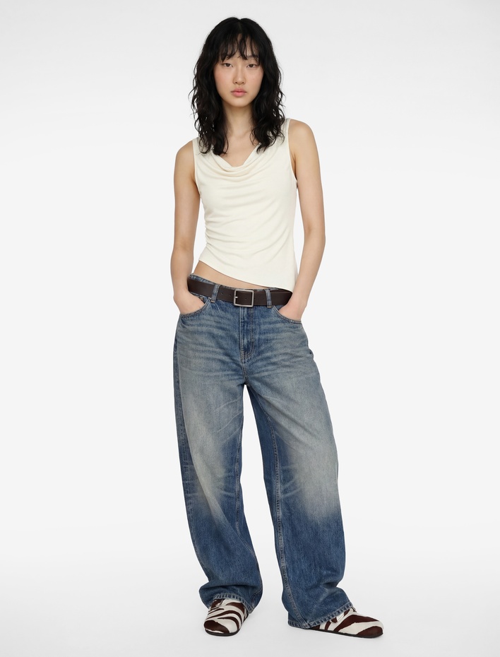  Slim Fit Viskon Kolsuz Asimetrik Degaje Yaka Bluz