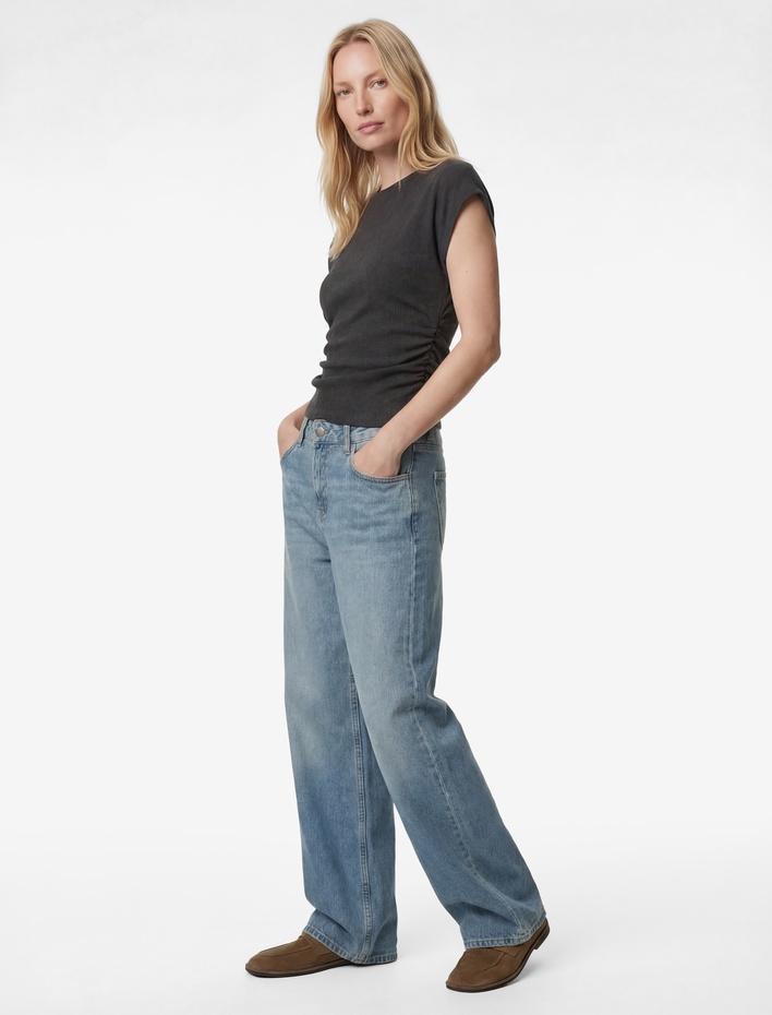  Bürümcük Kumaş Slim Fit Kısa Kollu Bisiklet Yaka Drapeli Dokulu Tişört