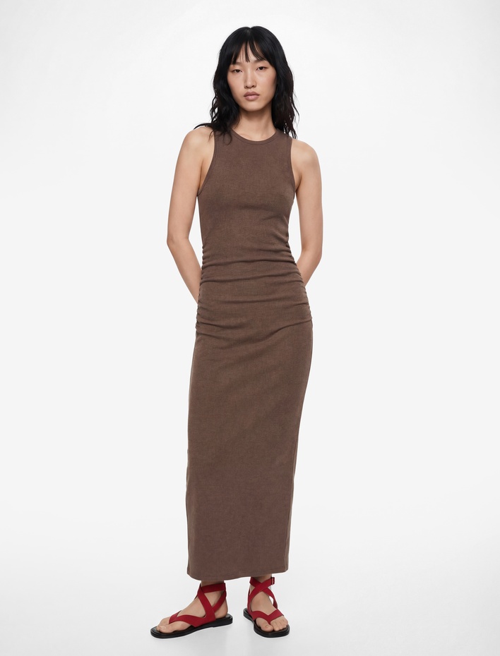  Büzgü Detaylı Kolsuz Bisiklet Yaka Bodycon Uzun Elbise