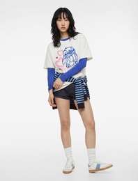 Stitch Lisanslı Kısa Kollu Bisiklet Yaka Oversize Baskılı Tişört