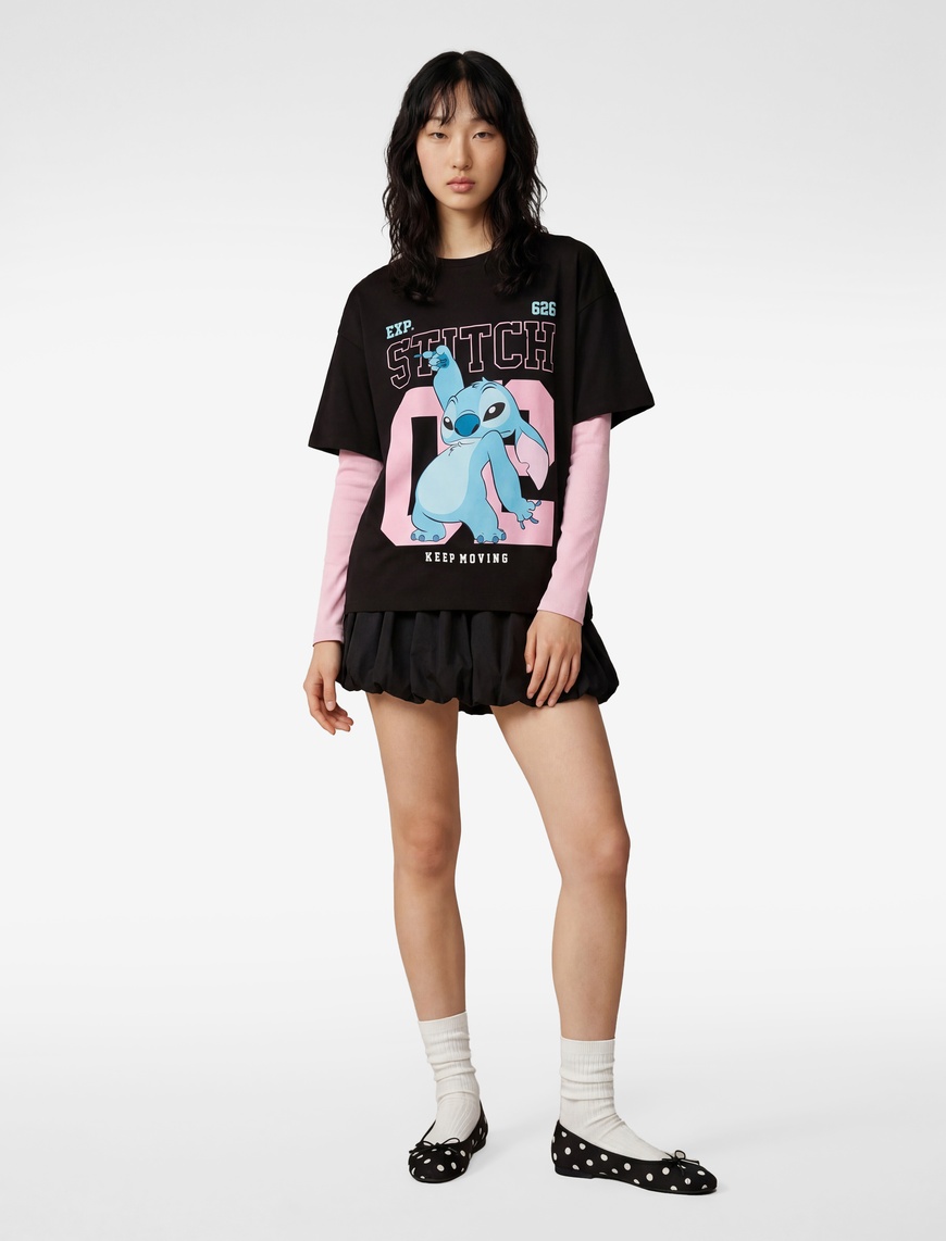 Koton Kadın Stitch Lisanslı Kısa Kollu Bisiklet Yaka Oversize Baskılı T-Shirt