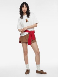 Kısa Kollu Bisiklet Yaka Köpek Nakışlı Pamuklu Oversize Tişört