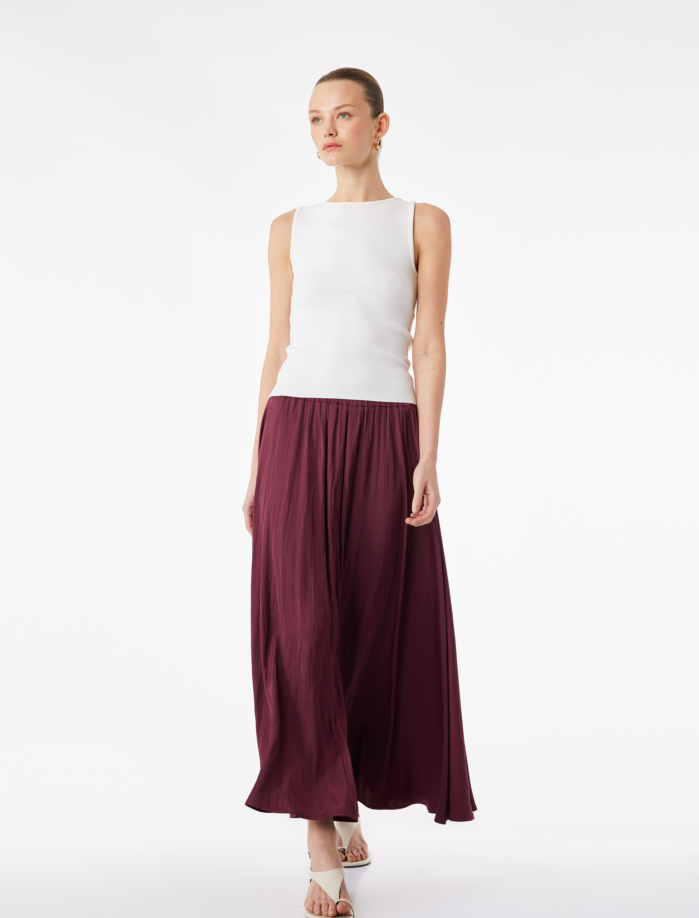   Pileli Saten Kloş Uzun Etek