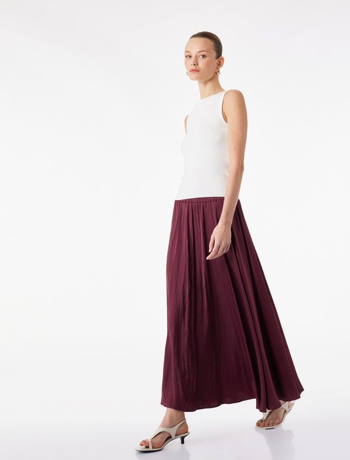  Pileli Saten Kloş Uzun Etek