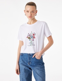 Pamuklu Kısa Kollu Bisiklet Yaka Çiçek Baskılı Tişört