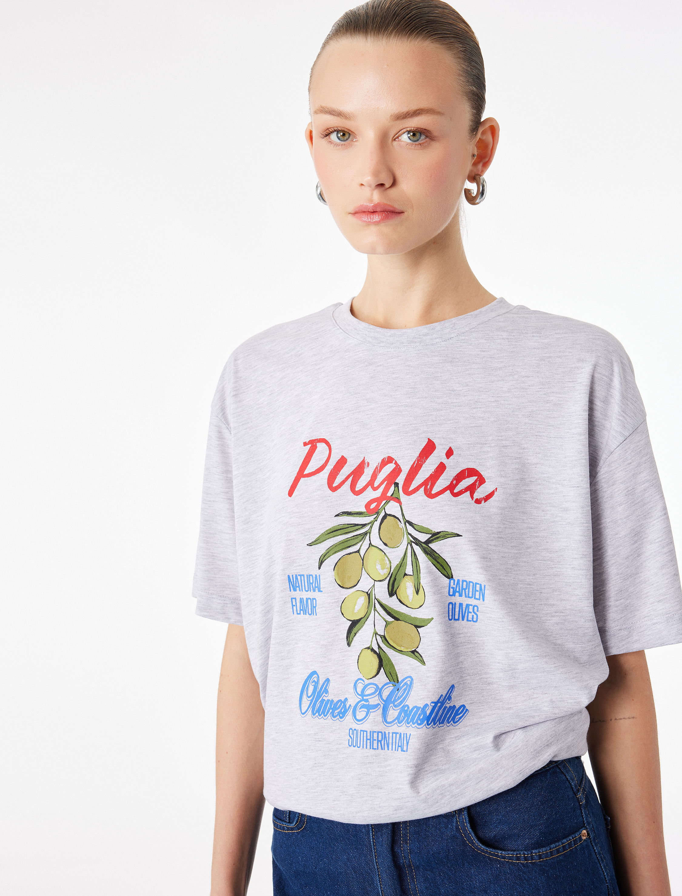   Kısa Kollu Bisiklet Yaka Zeytin Baskılı Tişört