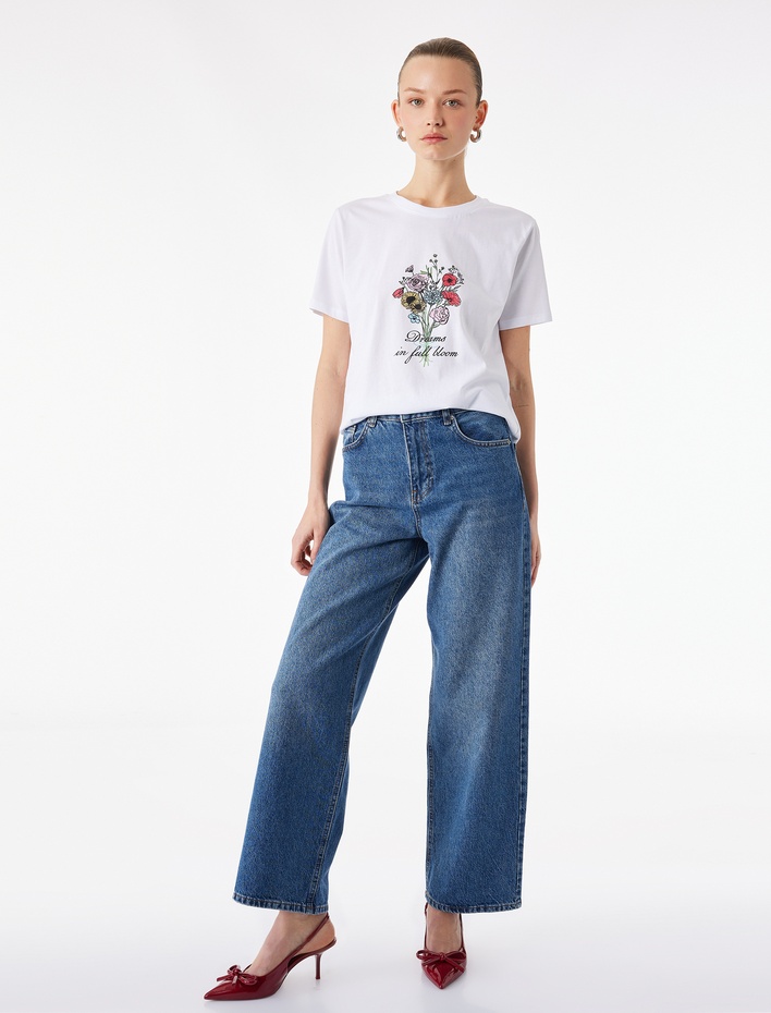  Pamuklu Kısa Kollu Bisiklet Yaka Çiçek Baskılı Tişört