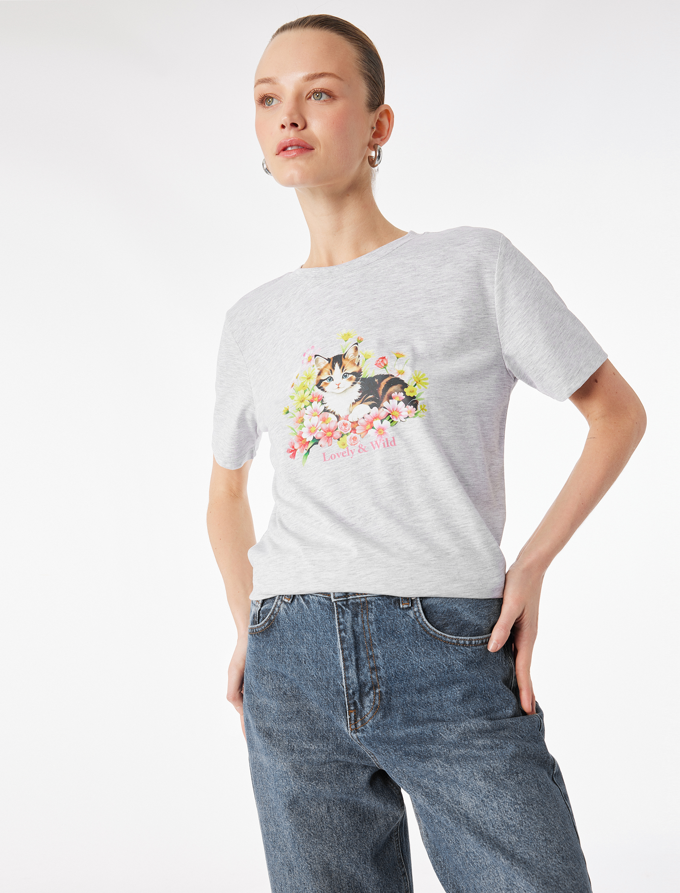   Kısa Kollu Bisiklet Yaka Kedi Baskılı Tişört