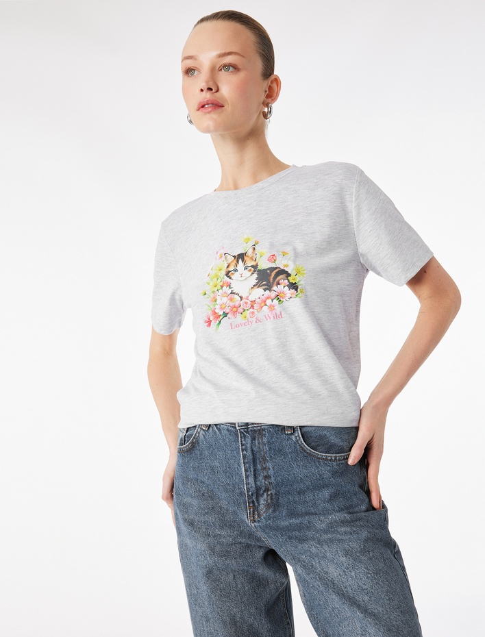  Kısa Kollu Bisiklet Yaka Kedi Baskılı Tişört