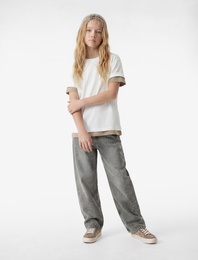 Pamuklu Bol Kalıp Yıpratmalı Pul Detaylı Geniş Paça Denim Pantolon