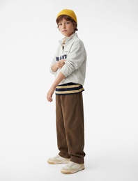 Pamuklu Üç İplik Uzun Kollu Dik Yaka Yarım Fermuarlı Baskılı Sweatshirt