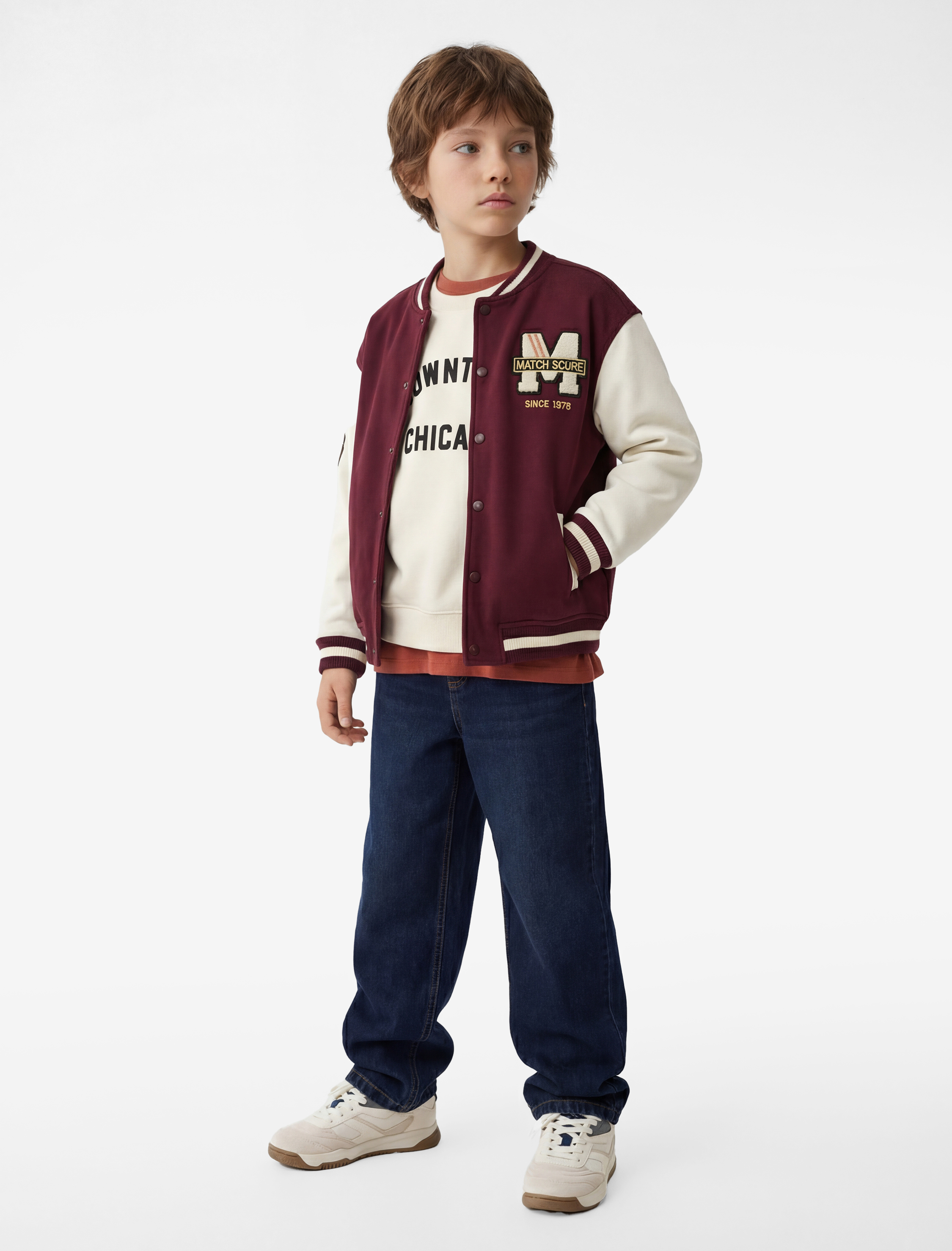  Erkek Çocuk Nakışlı Cepli Renk Bloklu Uzun Kollu Bisiklet Yaka Kolej Ceket