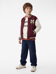 Nakışlı Cepli Renk Bloklu Uzun Kollu Bisiklet Yaka Kolej Ceket