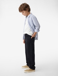 Pamuklu Uzun Kollu Düğmeli Tek Cepli Çizgili Gömlek