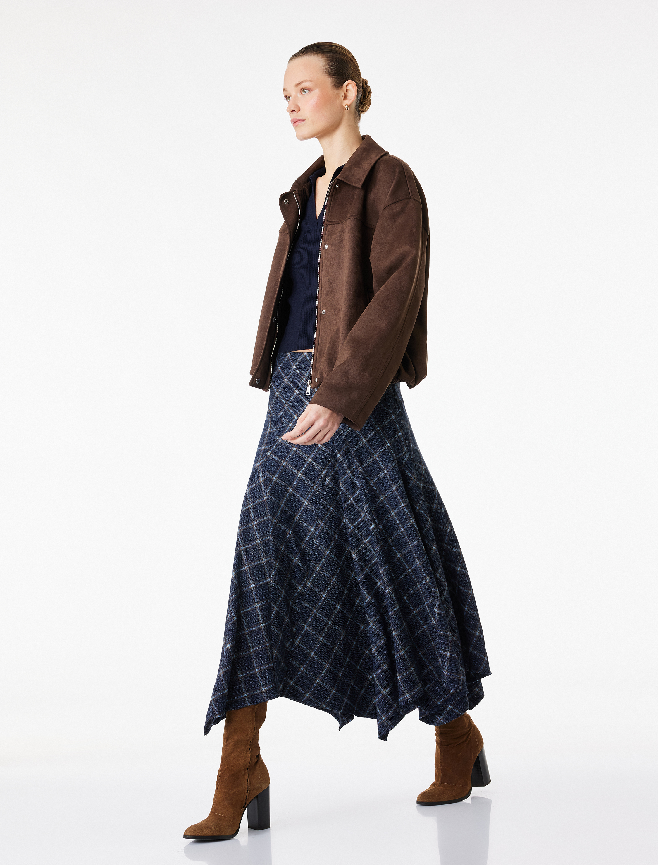   Asimetrik Kesim Midi Boy Ekose Etek