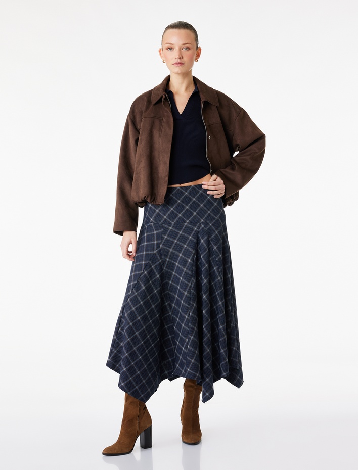  Asimetrik Kesim Midi Boy Ekose Etek