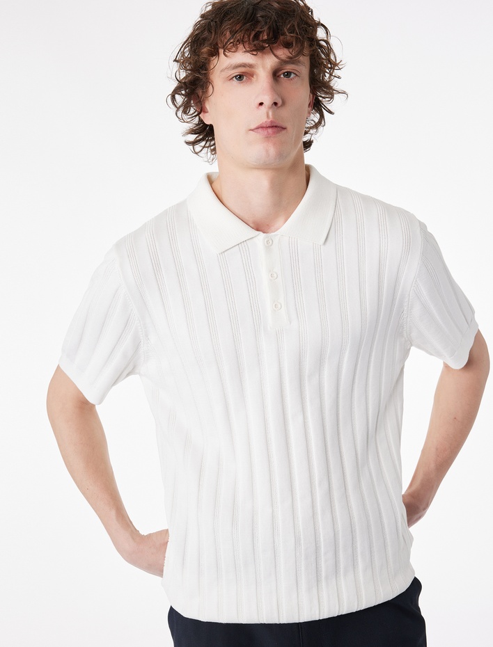  Regular Fit Kısa Kollu Dokulu Düğmeli Polo Yaka Triko Tişört