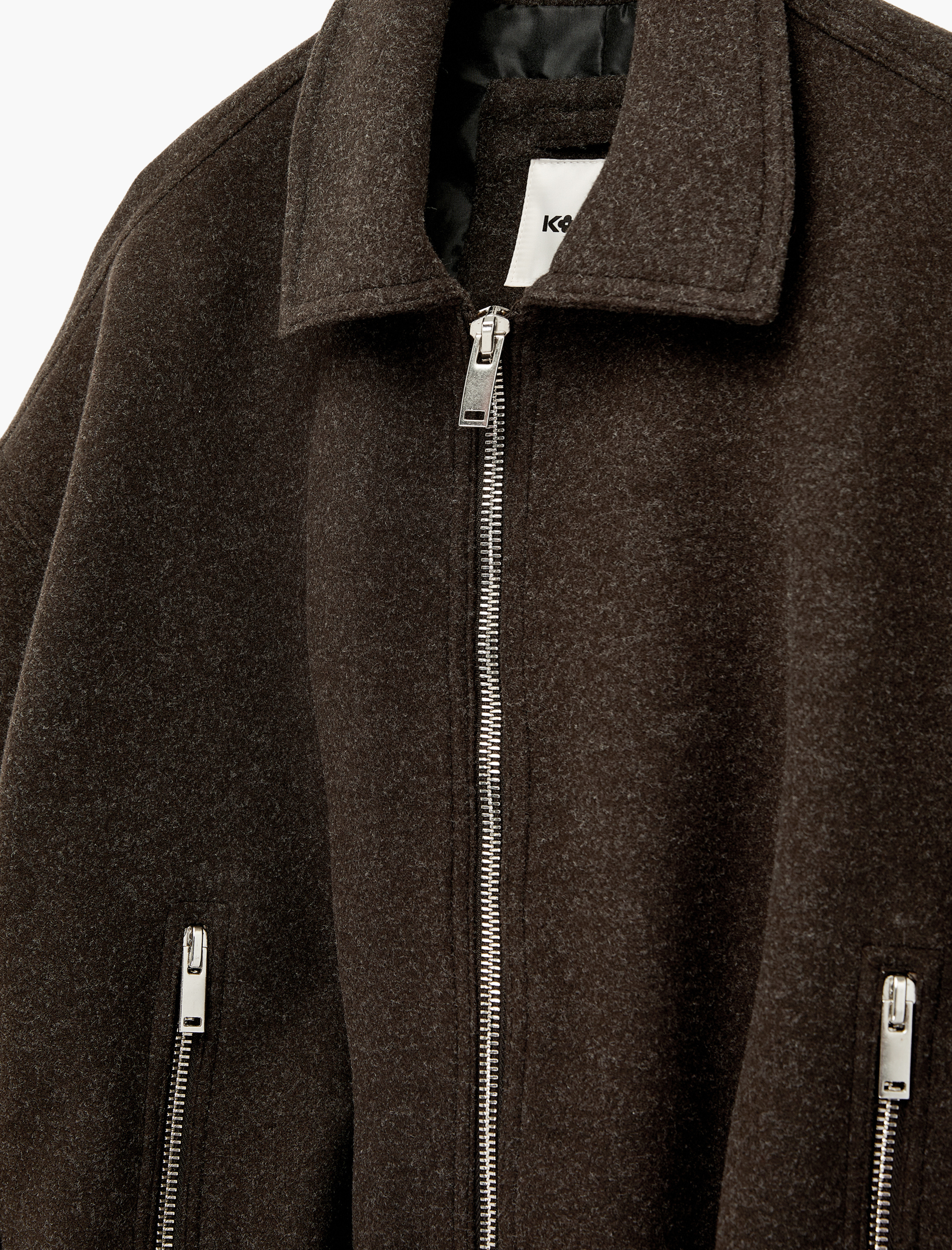   Uzun Kollu Kemer Detaylı Cepli Fermuarlı Oversize Kaşe Bomber Ceket