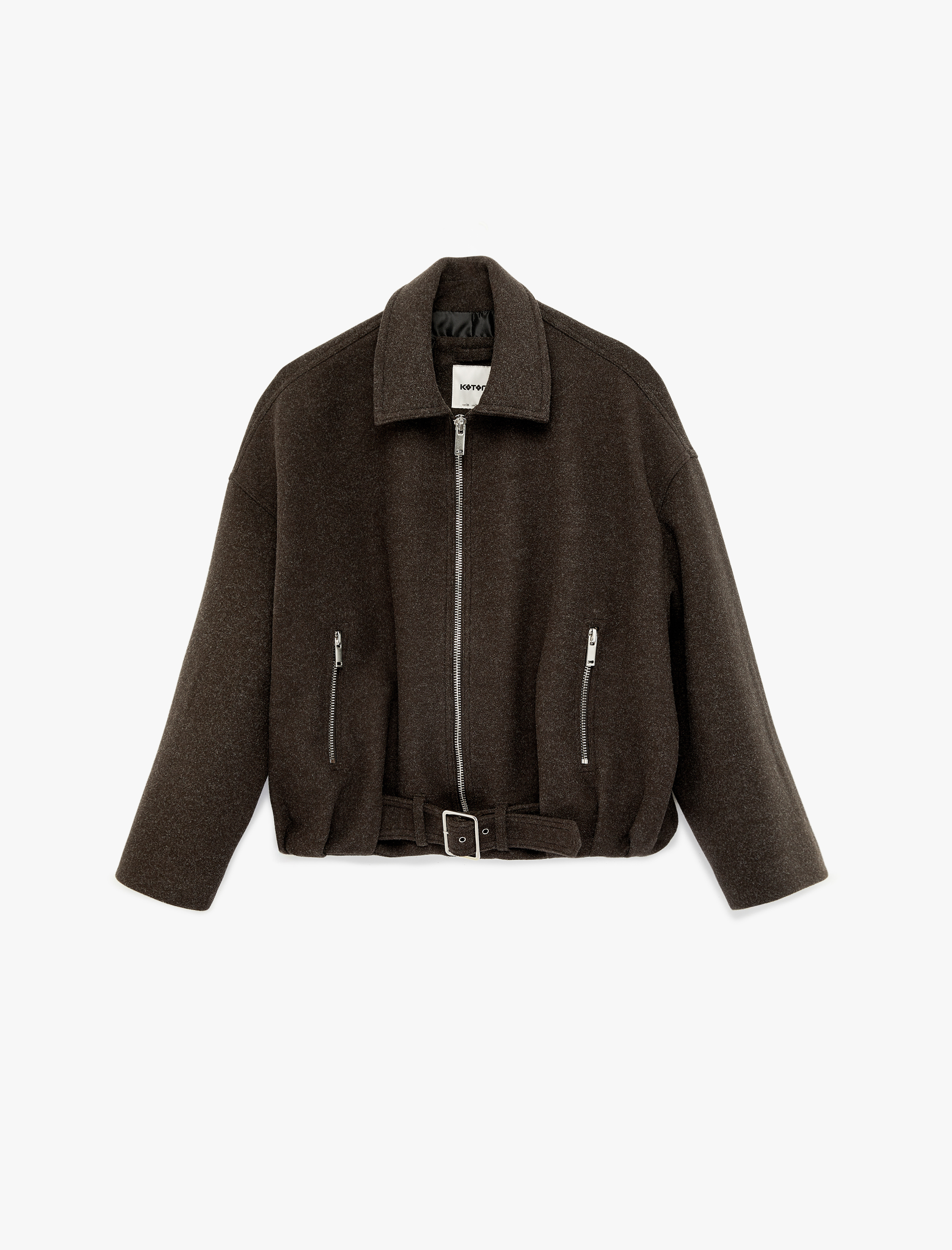   Uzun Kollu Kemer Detaylı Cepli Fermuarlı Oversize Kaşe Bomber Ceket