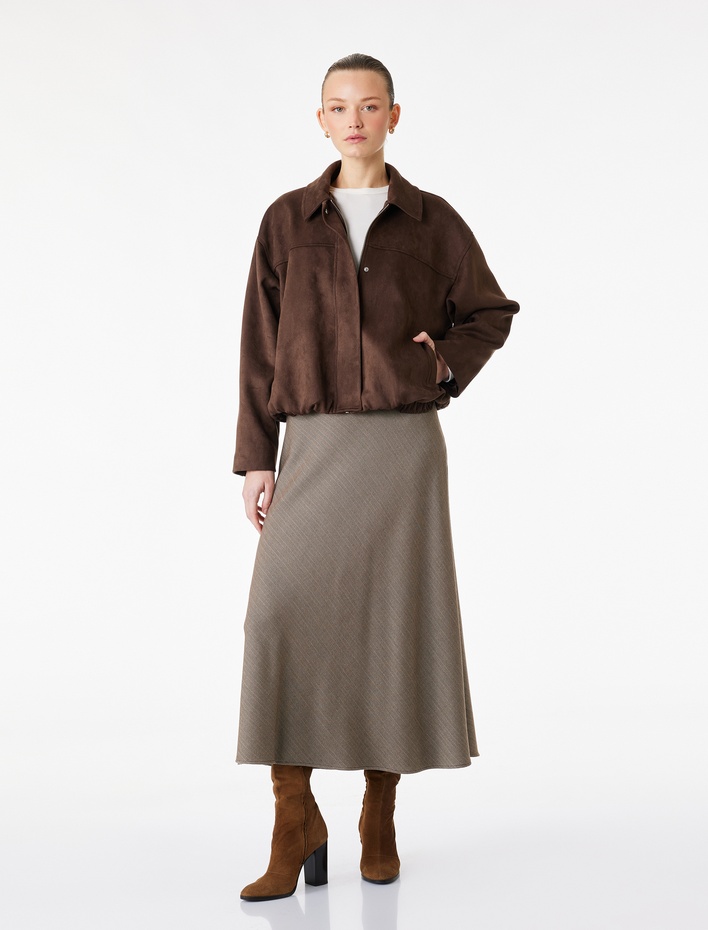  Rahat Kalıp Standart Bel Midi Boy Çizgili Kloş Etek